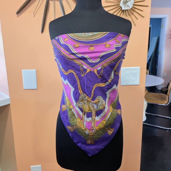 Hop Scotch Silk Purple & Pink Designer Scarf Made In France Luxury Square 33" - Picture 1 of 16